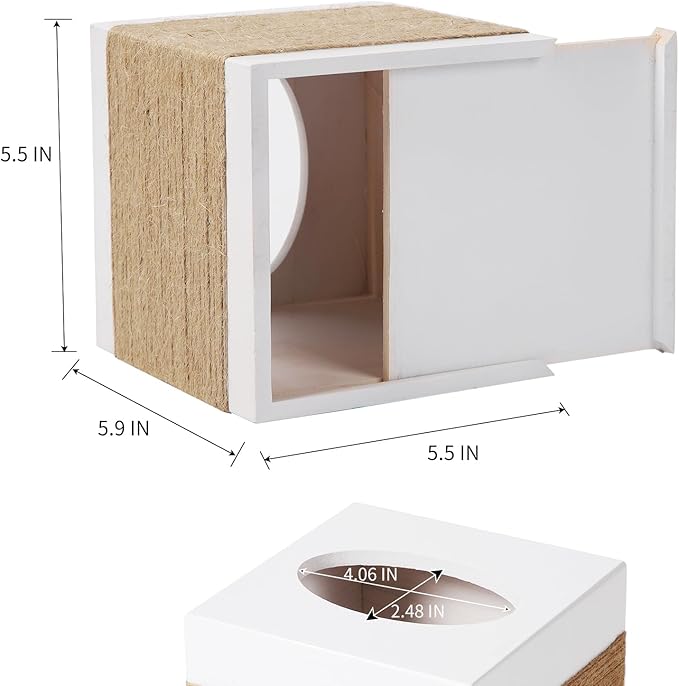 CATORY Tissue Box Cover, Wood Tissue Box Cover Square, Farmhouse Tissue Box Holder Covers Your Tissues, Decorative Tissue Cube Box Cover with Slide-Out Bottom (White)