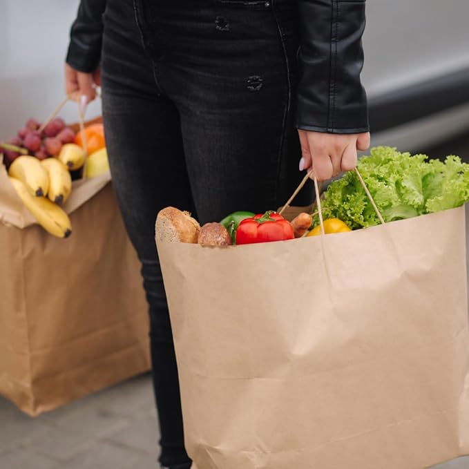 ASSUREPAK DIY Grocery Paper Bags - 50 Bags -12"x9"x16" - 74LB (110 GSM strong) Twisted Handle - Kraft/Natural - Recyclable Food & Supermarket Bags for Decorating & Branding
