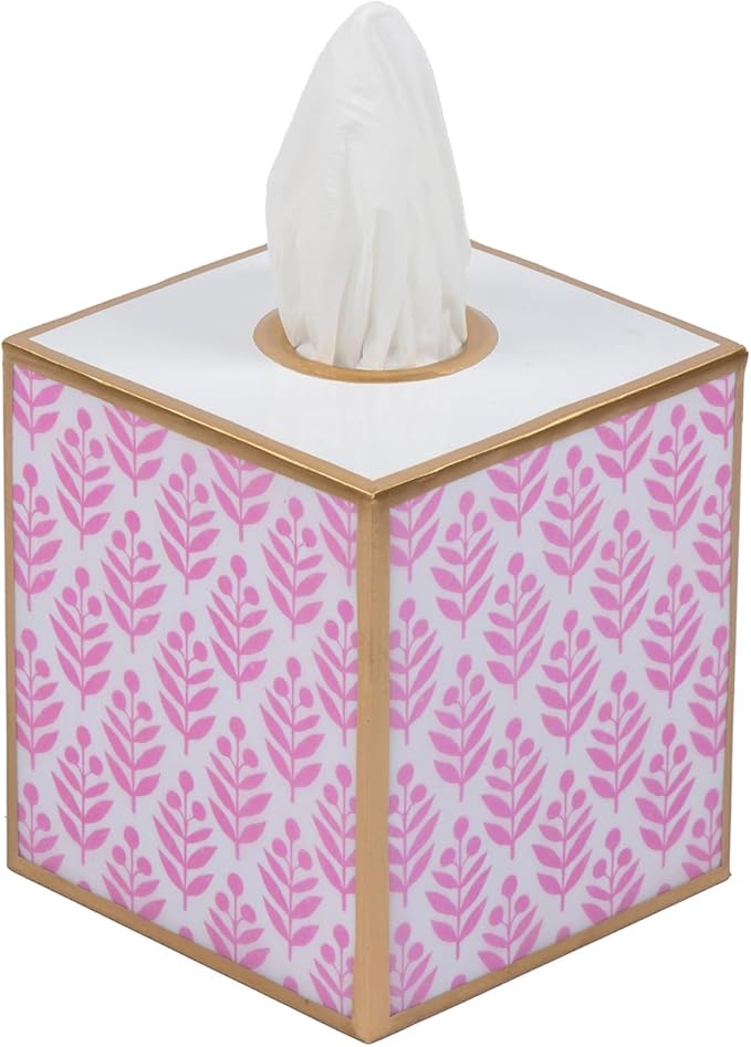 Jaye's Studio Lottie Cube Tissue Box Cover Square, Enameled Metal Gold Tissue Holder for Bathroom, Bedroom, Office, Vanity Pink and White Bathroom Decor Accent, Floral Boho Bathroom Accessories Decor