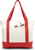 TOPDesign 6-Pack Canvas Tote Bags with an External Pocket, Reusable Grocery Shopping Bags, Top Zipper Closure, Daily Essentials (Red/Natural)