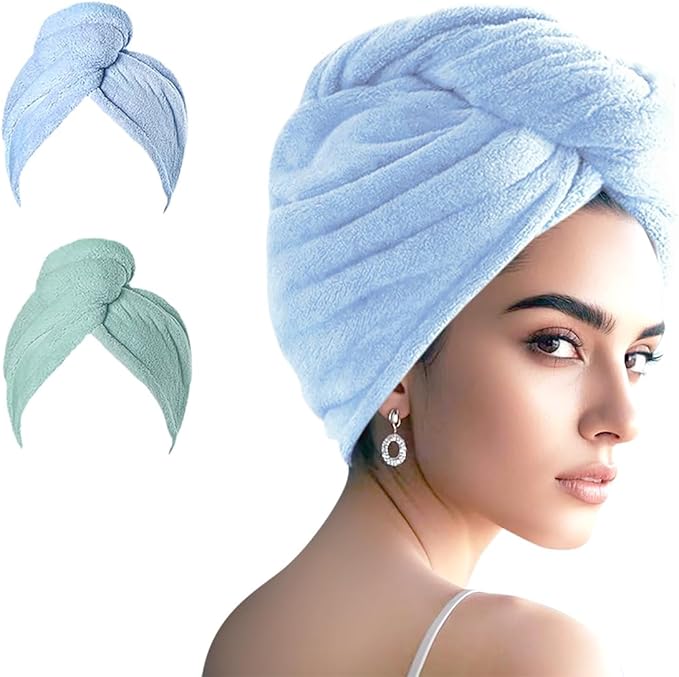 AGKXHDEC 2 Packs Single Layer Microfiber Hair Turbans - Drying Wrap for Women (Blue,Light Green)