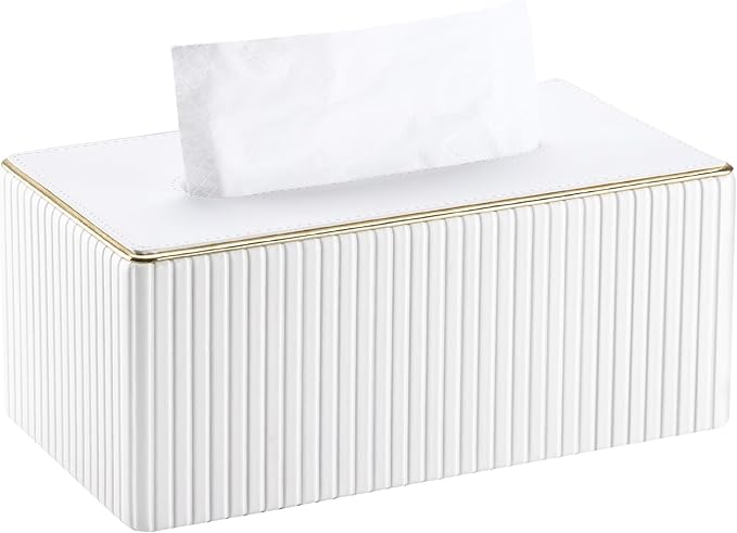 KINGFOM Rectangular Tissue Box Cover, PU Leather Tissue Box Holder with Magnetic Bottom, Napkin & Facial Tissue Holder Dispenser Decorative Box Cover for 120-count (3-Ply) 160-count (2-Ply) White