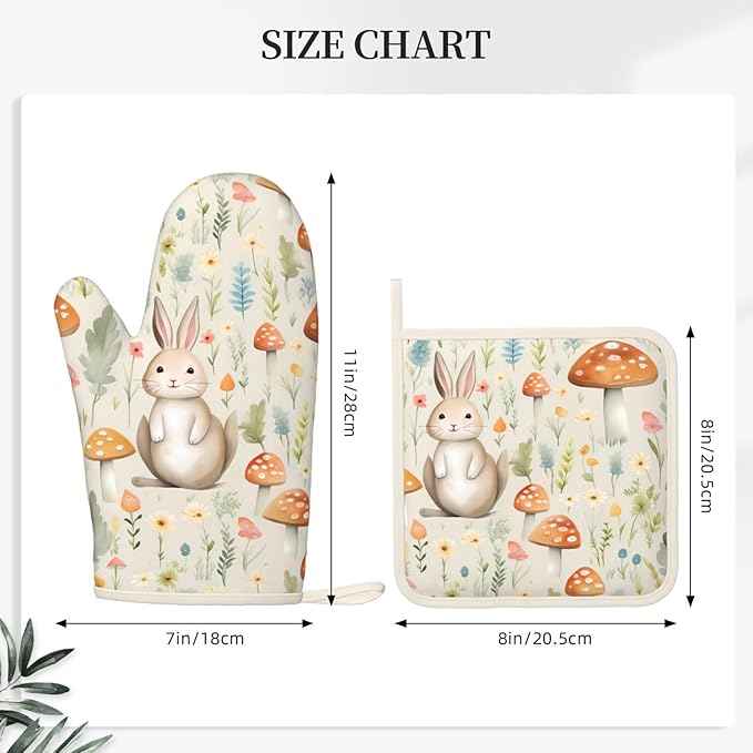 Oven Mitts and Potholders Funny Rabbit Sunflowers Silicone Glove Heat Resistant, Kitchen Gloves for Cooking, 2-Piece Set