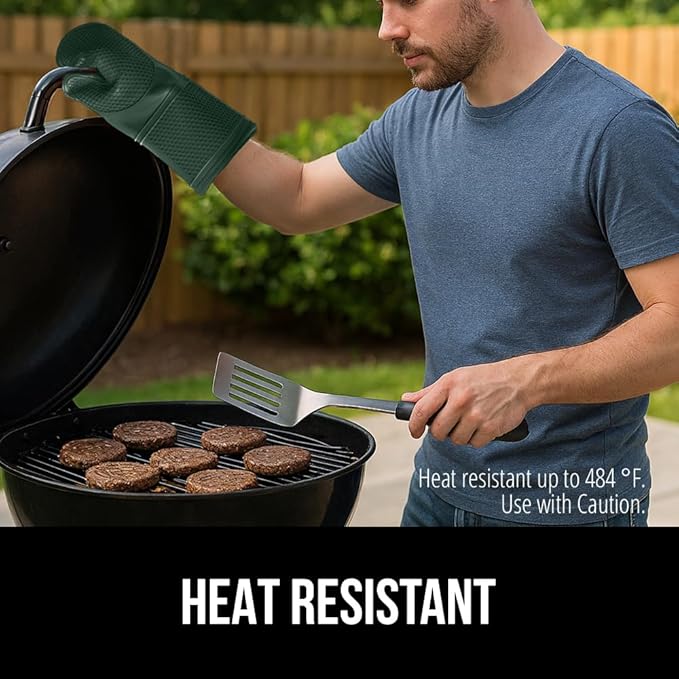 GORILLA GRIP BPA-Free Soft Silicone Oven Mitts, 14.5x8.3, Heat Resistant and Waterproof Cooking Gloves, Thick Cotton Lining, Flexible Gripping for Baking Grilling, Kitchen Potholders Set, Hunter Green