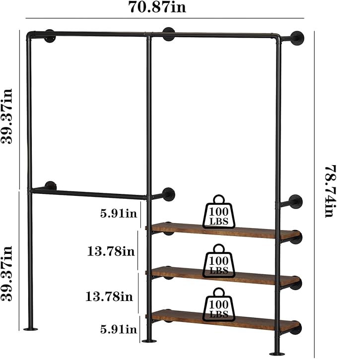 KAILNKISS Industrial Pipe Clothes Rack, Wall Mounted Clothing Rack with Shelves, Heavy Duty Closet Organizers Wardrobe Multi-Purpose Storage Clothes Hanging Shelf-70.8''L Black