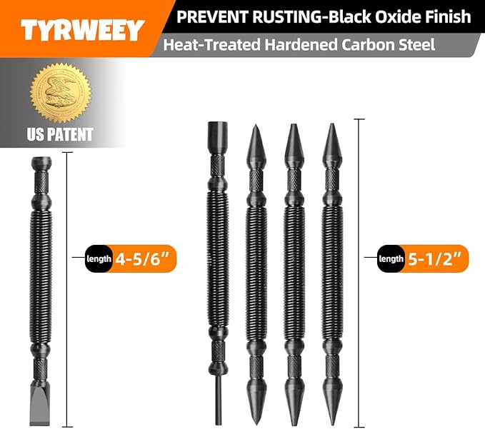 TYRWEEY 5-Piece Nail Setter Dual Head Nail Set & Dual Head Center Punch & Hinge Pin Remover Punch Set, Spring Loaded Center Hole Punch, Nail Setter Features 1/8-in, 3/32-in, 3/16-in, 1/16-in, 1/32-in