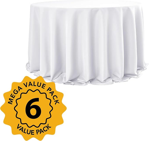 6-Pack White Round Tablecloths, 132 Inches, Stain-Resistant Polyester for 6-8 Ft Round Tables - Washable Table Covers for Weddings, Banquets, Birthday Parties, Events