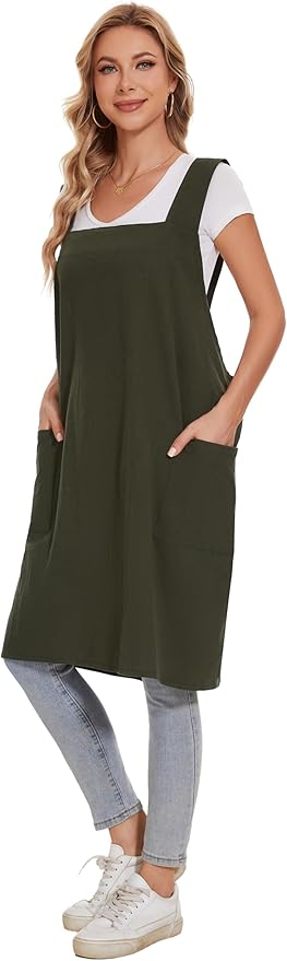 Linen Cotton Aprons for Women Smock Cross-Back Apron with Pockets