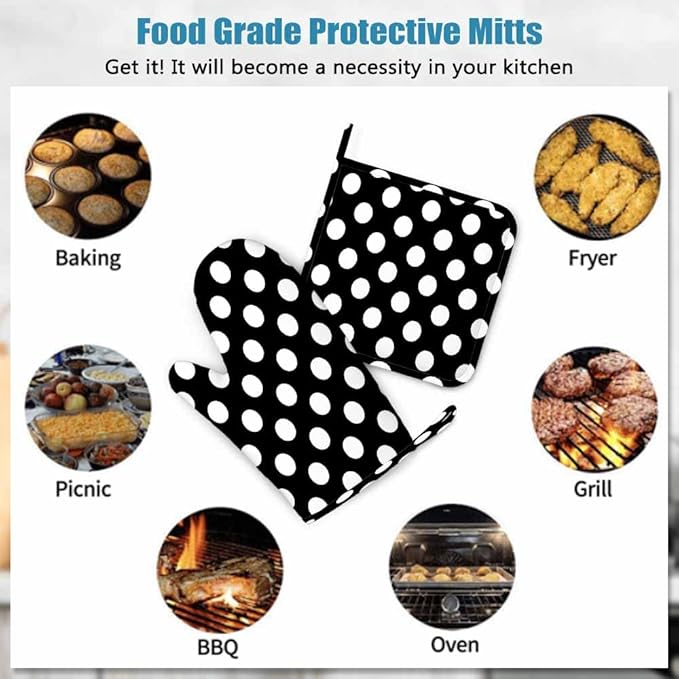 Mxocom Polka Dot Oven Mitt and Pot Holder with Silicone Black White Round Circle Heat Resistant Kitchen for Cooking BBQ Baking Grilling Spring/Summer