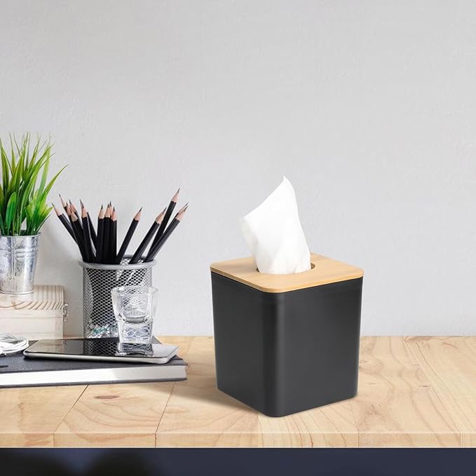MOCHTERO Modern Tissue Box Cover with Bamboo Lid, Black Square Tissue Holder,for Home and Office