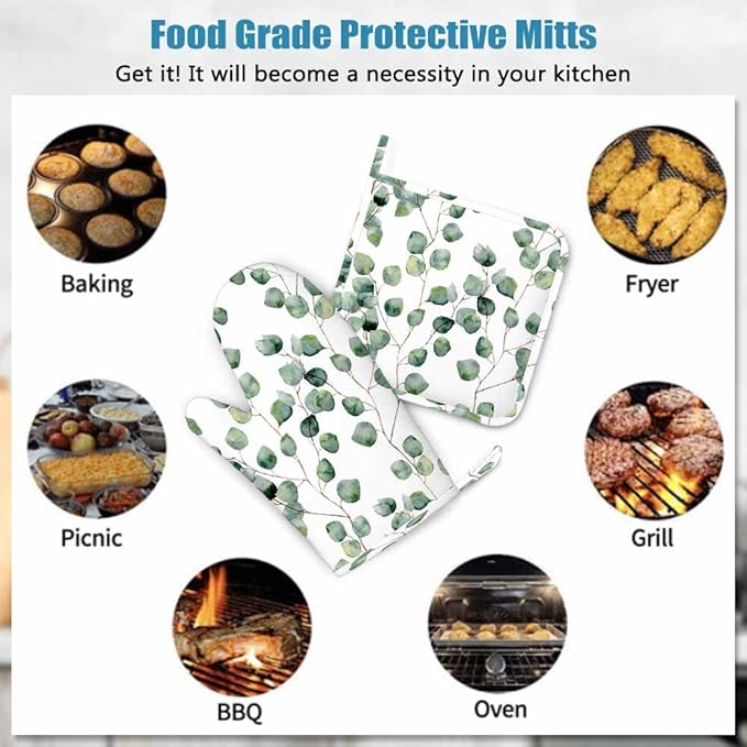 Mxocom Green Leaves Silicone Oven Mitts and Pot Holders Sets Eucalyptus Round Leaf Foliage Branches Twig Natural Plant Repeat BBQ Gloves for Kitchen,Cooking,Baking,Grilling