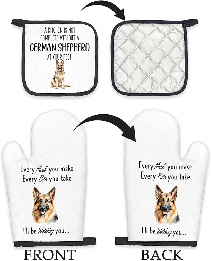 German Shepherd Gifts Dog Oven Mitts and Pot Holders Sets, German Shepherd Decor Kitchen Accessories Sets, Complete Without a German Shepherd Heat Resistant Oven Glove Potholders for Kitchen