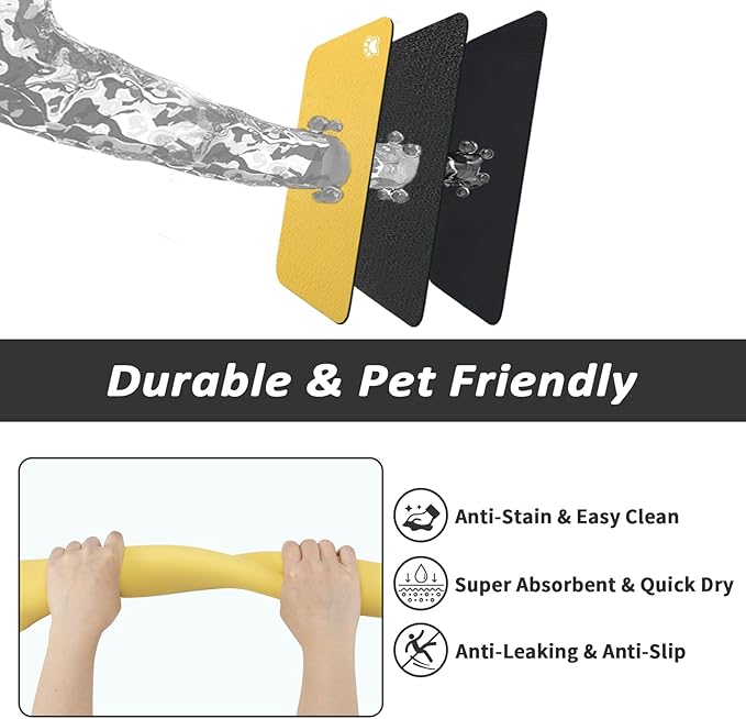 HotLive Dog Food Mat - Absorbent Cat Mat for Food and Water, No Stains Pet Feeding Bowl Mat, Easy to Clean Pet Placemats, Quick Dry Dog Water Dispenser Mat for Messy Drinkers | Paw Yellow 18"x 28"