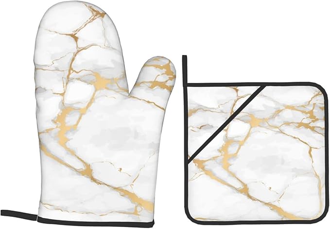 Oven Mitts and Pot Holders White Gold Marble Art Abstract Sets of 4 Kitchen Potholder Gloves Heat Resistant Non-Slip for Chef Baking Cooking Grilling BBQ