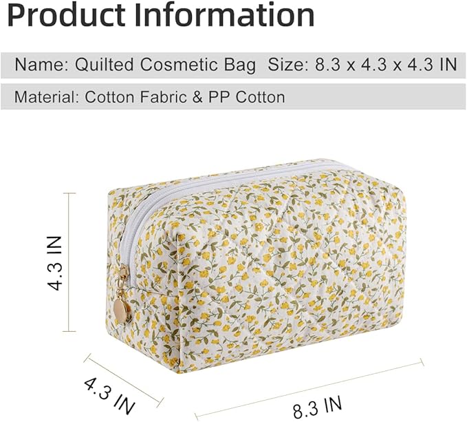 Gleyemor Small Quilted Makeup Bag for Women, Cute Floral Bow Cosmetic Bag, Emergency Bag Travel Toiletry Cotton Pouch Gifts for Girls Her Mom Friend Sister Bridesmaid (Yellow Small Flower)