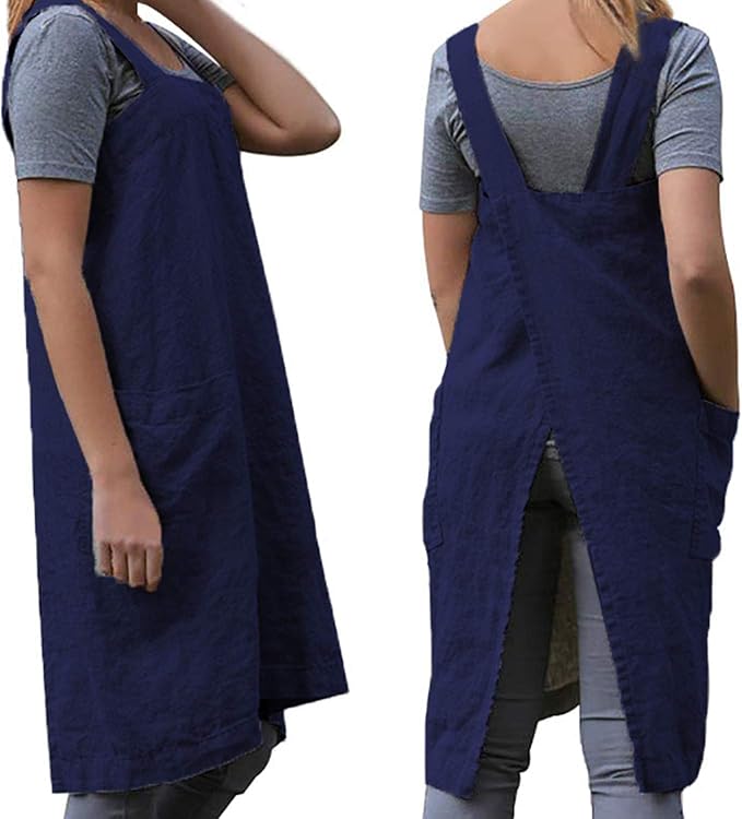 Women's Practical Cross Back Pinafore Apron with Large Pockets Home Kitchen,Restaurant,Coffee house,Cooking Gardening Works
