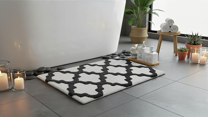C23 Luxury Trellis Bath Rug Set of 2 (White & Grey) 20"x32" & 16"x24" | 2200 GSM Ultra-Thick High-Density Plush | Decorative Non-Slip Bathroom Mats | Hotel Quality, Machine Washable
