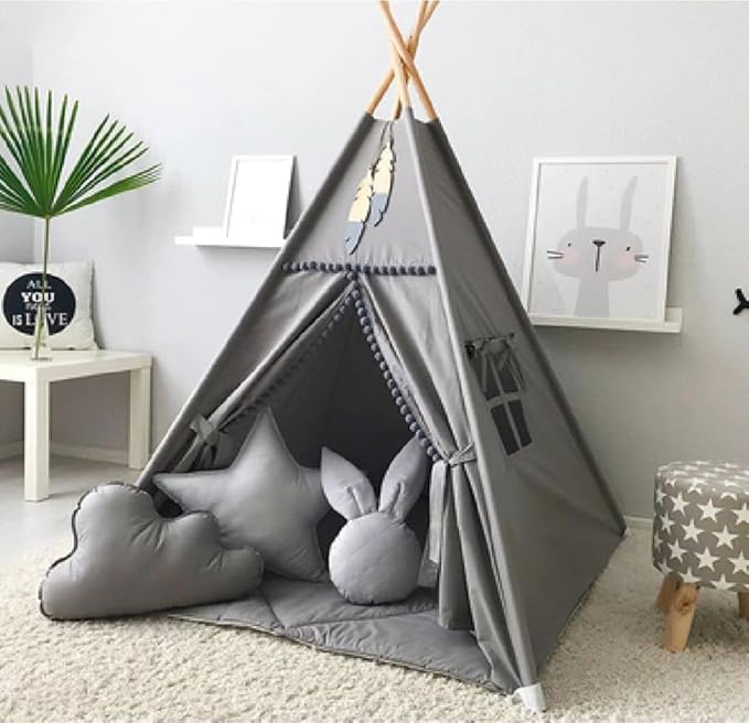 RONGFA Kids Teepee Tent with White Pom Pom - Indoor Play Teepee for Children Boys Portable Play House (Grey)