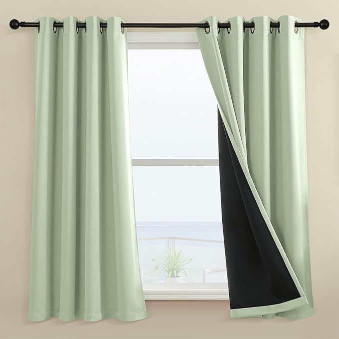 Rutterllow 100% Blackout Curtain 2 Panels, Heat and Full Light Blocking Drapes with Grommets for Bedroom, Thermal Insulated Window Treatment Drapes for Living Room (Sage Green, 52Wx45L)