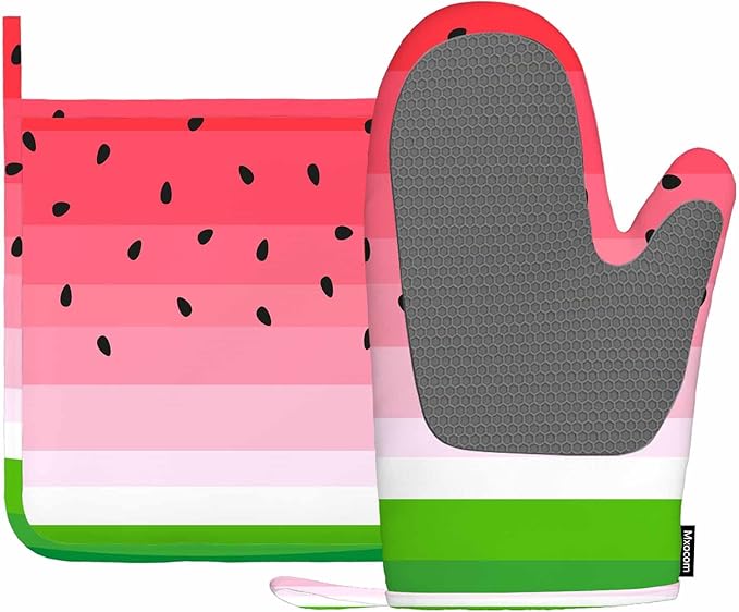 Mxocom Watermelons Oven Mitts and Pot Holders Sets Summer Fruit Watermelon Slice with Black Seeds Red Green Stripes Silicone Heat Resistant Kitchen Oven Gloves Pot Holder for Cooking