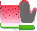 Mxocom Watermelons Oven Mitts and Pot Holders Sets Summer Fruit Watermelon Slice with Black Seeds Red Green Stripes Silicone Heat Resistant Kitchen Oven Gloves Pot Holder for Cooking