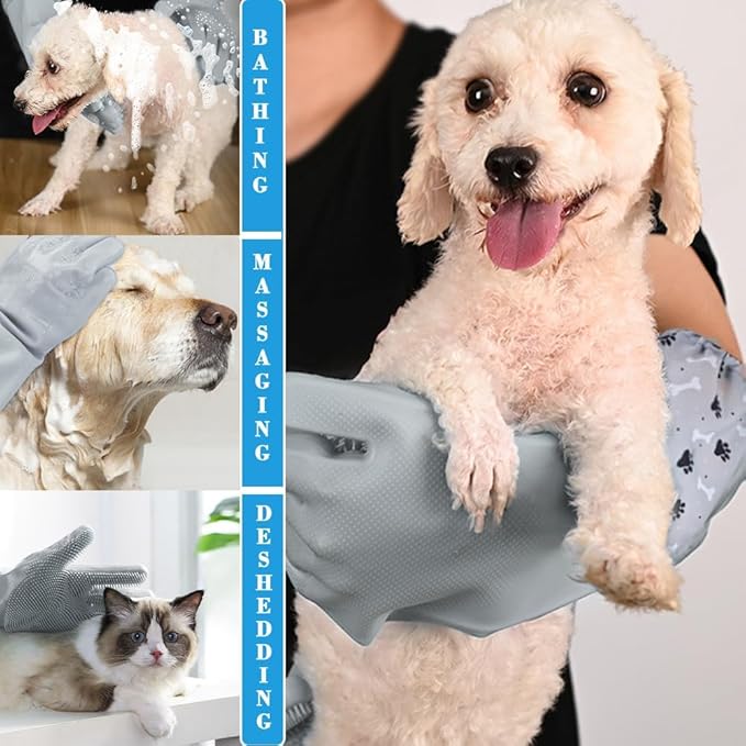 1TO3GO Pet Grooming Gloves Pet Hair Remover Cat, Dog Washing Gloves Silicone Heat Resistant Cleaning Gloves with High-Density Teeth Grooming Gloves for Dogs, Cats, Horses (2 Pairs - Blue & Gray)