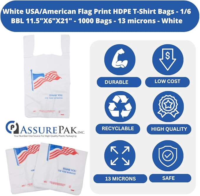 ASSUREPAK Easy Open - White Usa/American Flag Print HDPE T-Shirt Bags - 1/6 BBL 11.5"X6"X21" - 1000 Bags - 13 microns - White - USA13M100016-EO