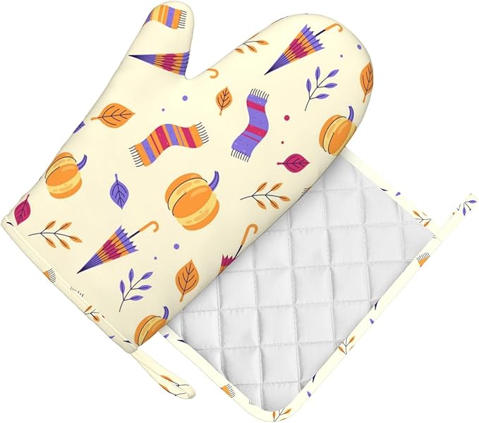 Silicone Oven Mitts and Pot Holders Sets, Home Autumn Pumpkin Heat Resistant BBQ Gloves for Kitchen Baking Cooking Grilling Microwave
