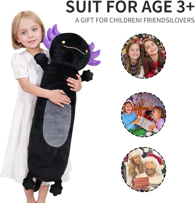 Dalmao 28 inch Black Axolotl Stuffed Animal, Cute Long Body Cuddle Squishy Pillow, Big Axolotl Plushies Toy Gifts for Kids, Boys for Birthday, Halloween, Christmas