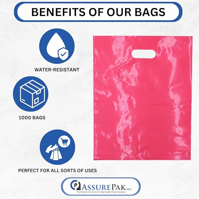 LDPE Die Cut Merchandies Bags - 500 Bags - 12"x15" - 1.5 mil - Pink - 1215DCPINK - AssurePak