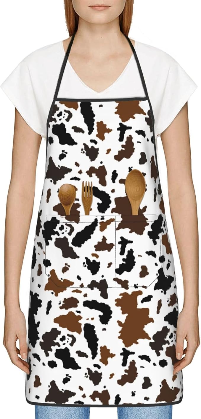 Cow Print Oven Mitts and Pot Holders with Apron Set of 5 Silicone Cowhide Brown Milk Cow Print Kitchen Mitts and Non-Slip Potholders Apron Set Heat Resistant Oven Gloves Hot Pads for Grilling