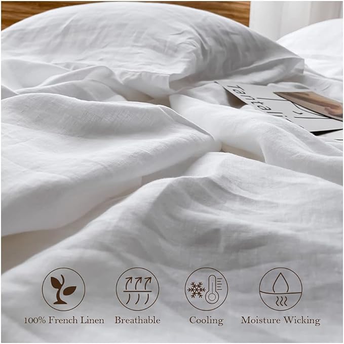 Simple&Opulence Washed Linen Bed Sheet Set Basic Style 4 Pieces (1 Flat Sheet & 1 Fitted Sheet & 2 Pillowcases) 100% Natural French Flax Soft Breathable Farmhouse Bedding (King, White)