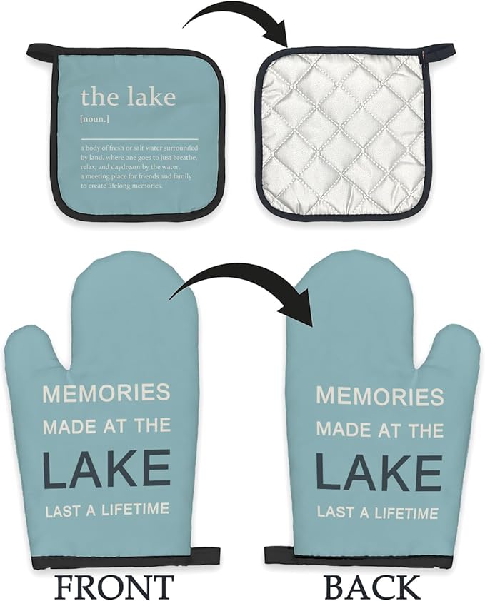 Blue Lake Lovers Gifts Oven Mitts and Pot Holders Sets, Lake House Gifts Kitchen Accessories Sets, Lake House Decor, Memories Made at The Lake Heat Resistant Oven Glove Potholders for Kitchen