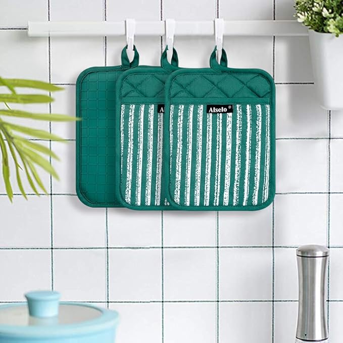Silicone Pot Holders Set of 3 Heat Resistant & Non Slip Potholders, Professional Oven Hot Pads with Pockets Mitts for Kitchen Cooking Baking Barbecue (Emerald Green, 3)