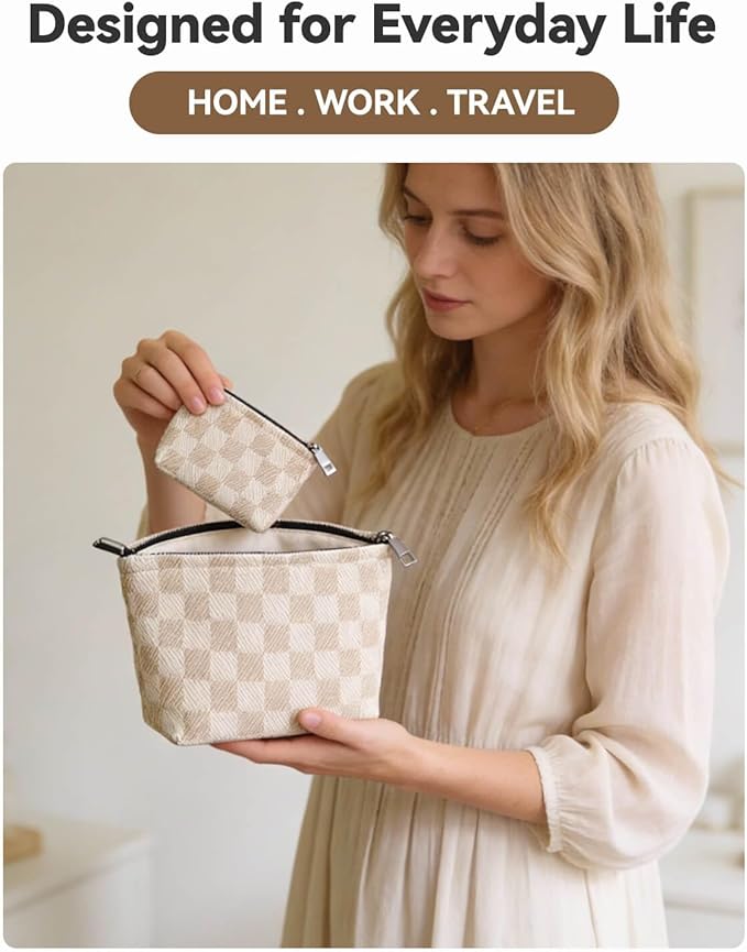 fahombag 2 Pcs Checkered Makeup Bag Set Canvas Cosmetic Pouch for Women Large & Small Cute Preppy Aesthetic Travel Toiletry Pouch Organizer for Purse Skincare Brushes, Khahi