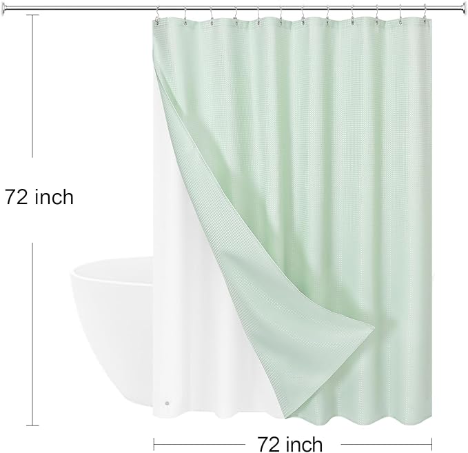 Craidlela 3 in 1 Shower Curtain Set, Mint Green Waffle Shower Curtain and PEVA Liner Set with 12 Stainless Steel Shower Curtain Hooks, Waterproof Shower Curtains for Bathroom, 72 W x 72 H