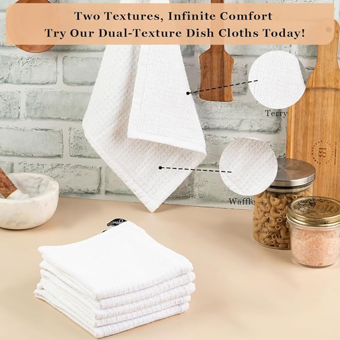 Candy Cottons DishCloths Kitchen|Waffle Terry Weave Hand Towels|Cotton 12"x12" Reusable Dish Rags Washing Scrub Cleaning Dishes|Dish Bar Mop Towels Hand Wipes| washcloth |6 Pc Set-White