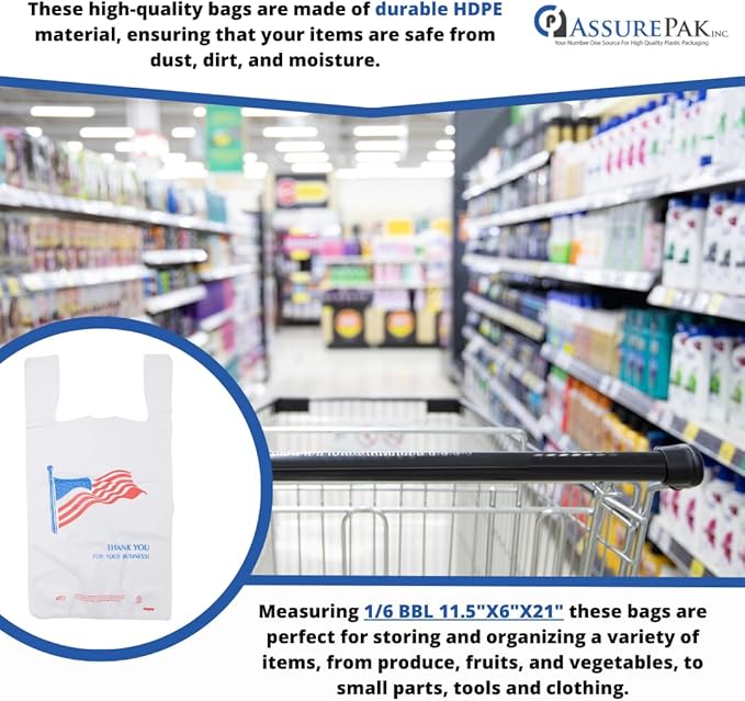 Easy Open HDPE Plastic Bag - 500 Bags/case - "American Flag" White T-Shirt Bag -1/6 BBL 11.5"x 6.5"x 21" - 18 microns - For Retail, Groceries, Merchandise, Convenience Store, Supermarket, Restaurant