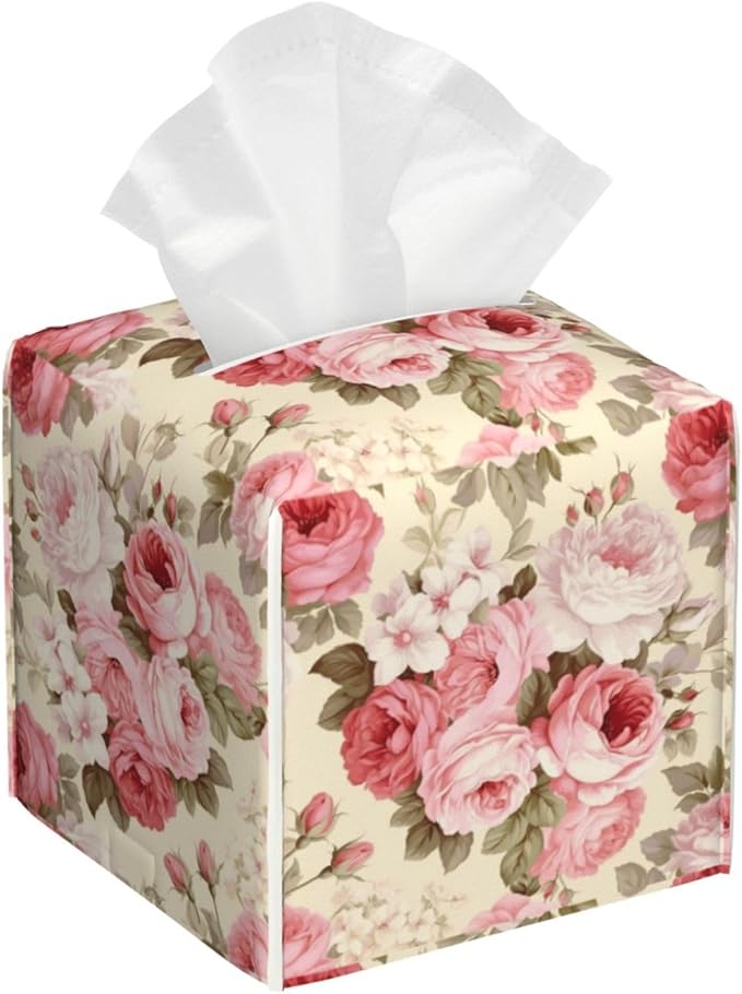 PVC Tissue Box Cover Holder,Flower Square Decorative Organizer,5.2"X5.2"X5.2" Tissue Case for Bathroom,Tabletop,Car,Office