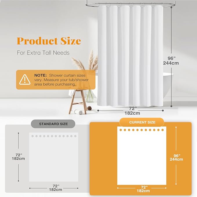 BTTN Extra Long Shower Curtain 72x96 inches, Tall Linen Textured Heavy Duty Fabric Shower Curtain Set with 12 Plastic Hooks, Large Classic Hotel Polyester Cloth Shower Curtains for Bathroom, White