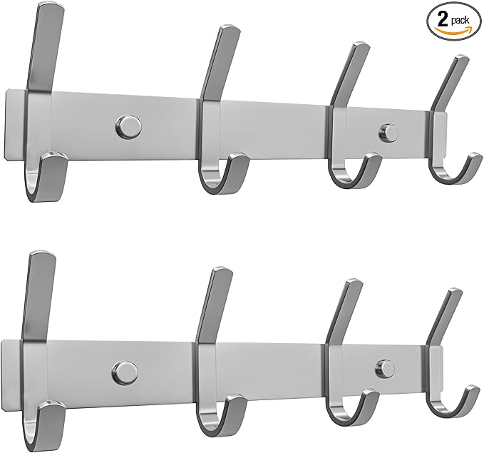 SAYONEYES Brushed Nickel Coat Rack Wall Mount with 4 Double Hooks for Hanging – 12 Inch Heavy Duty SUS304 Stainless Steel Rustic Coat Hooks – Clothes, Purse, Towel Wall Hooks – 2 Pack