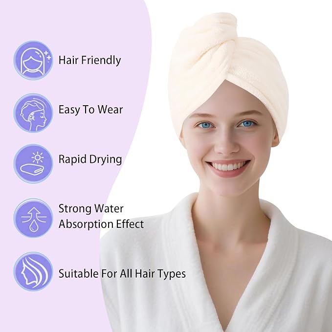AGKXHDEC 1 Pack Double Layer Microfiber Towel, Hair Turbans for Wet Hair, Drying Hair Wrap for Women(Warm White)