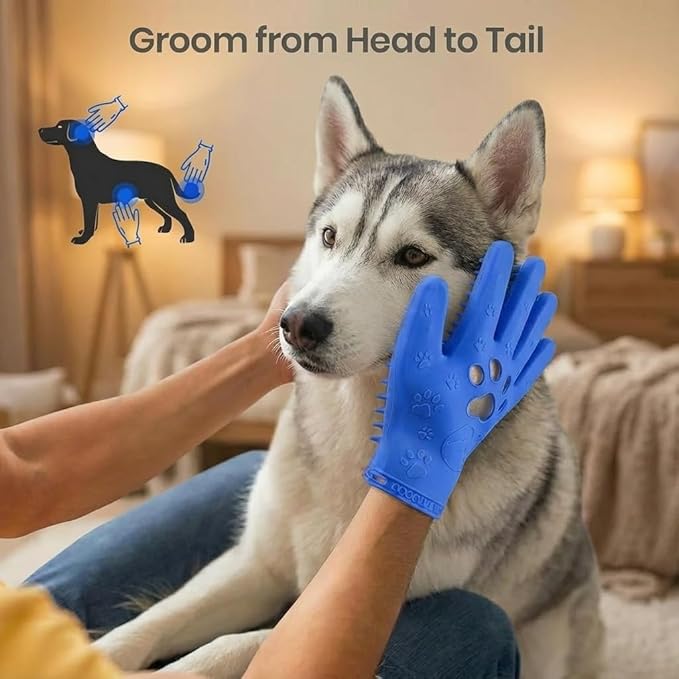 2 Pairs Pet Grooming & Hair Removal Gloves for Dogs & Cats, Electrostatic Silicone Mitts with Soft Bristles, Enhanced 5-Finger Design for Pet Massage, Deshedding & Coat Care, Easy to Use & Clean(Blue)