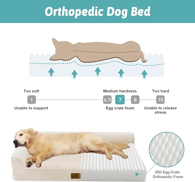 COZY KISS Orthopedic Dog Bed for Large Medium Size Dog, Dogs Crate Bed, L Shaped Foam Anti-Slip Bottom Pet Cat Sofa with Washable Removable Cover, Suitable for Pet Up to 75 lbs, 36x27x6.5 inch, Beige