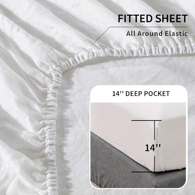 Simple&Opulence Belgian Linen Sheet Set Solid Color - 4 Pieces (1 Flat Sheet, 1 Fitted Sheet & 2 Pillowcases) Natural Flax Cotton Blend Soft Breathable Farmhouse Bedding - Queen Size, White