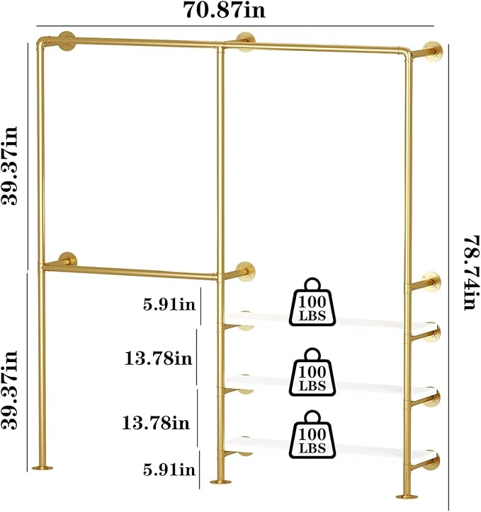KAILNKISS Industrial Pipe Clothing Rack, Gold Clothing Rack with Shelves, Wall Mounted Clothes Rack Heavy Duty Closet Organizers Wardrobe Multi-Purpose Storage Clothes Hanging Shelf - 70.8''L Gold
