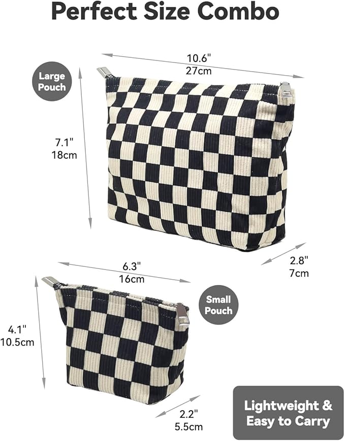 fahombag 2 Pcs Checkered Makeup Bag Set Corduroy Cosmetic Pouch for Women Large & Small Cute Preppy Aesthetic Black And White Travel Toiletry Pouch Organizer for Purse Skincare Brushes