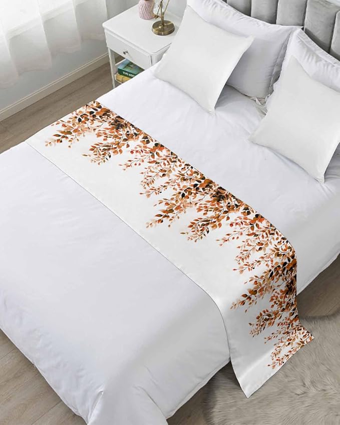 DecorLovee Orange Eucalyptus Bed Runners for Cal King Size Bed, Decorative Bed Throws for Foot of Bed, Fall Weeping Botanical Leaf Watercolor Bed Runner Sofa Throw Bedding Scarf Slipcover for Bedroom