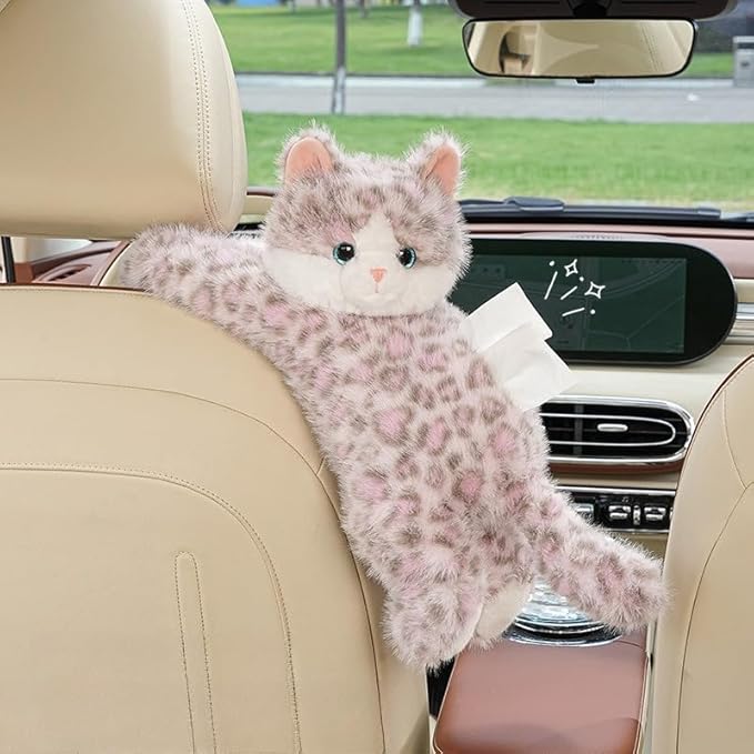 WASTROYAL Cute Cat Car Tissue Box Cover with Plush Doll, Hanging Vehicle Interior Organizer, Adorable Auto Decoration & Practical Accessory (Pink)