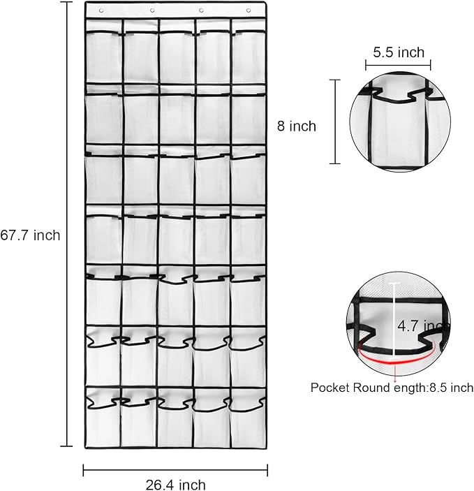 TidyMaster 1 Pack 35 Breathable Mesh Pockets Large Hanging Shoe Organizer Over The Door Shoe Rack for Closet Door Storage Shoe Holder Hanger, 4Hooks, White (67.7'' x 26.4'')